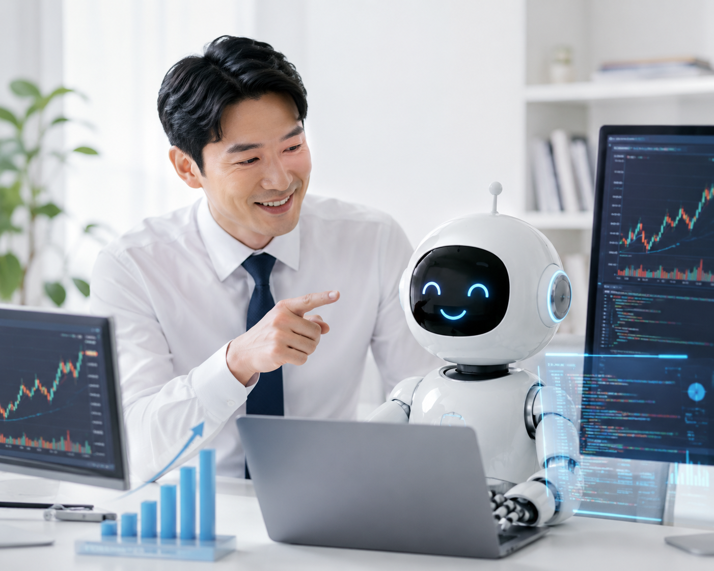 비즈니스 업무 공간에서 AI 로봇과 함께 노트북과 주식 차트를 살펴보는 모습